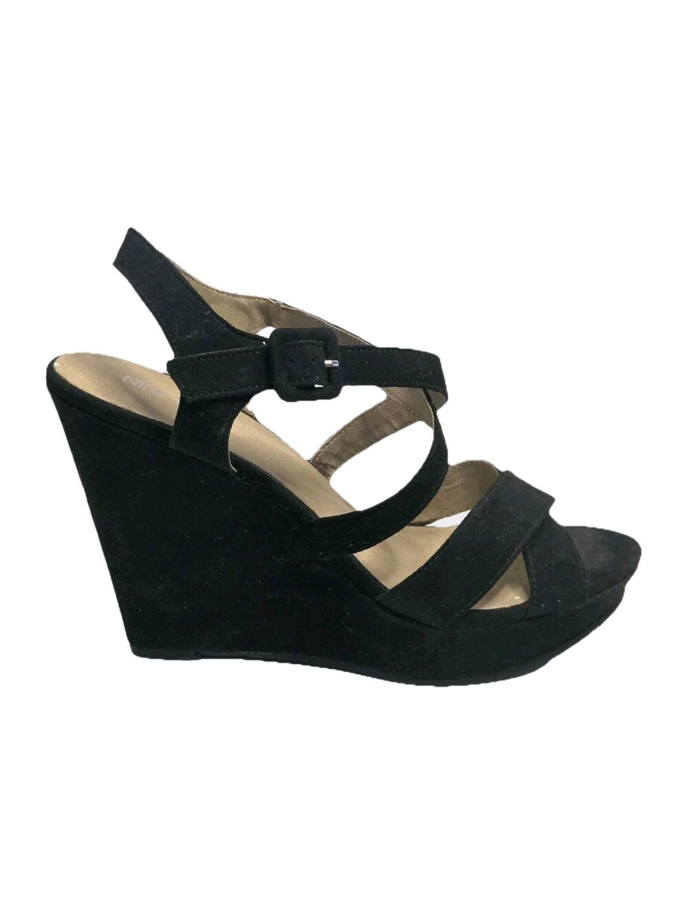 Nine West Black Suede Platform Strappy Wedge Sandals Size 9- 4" heel Clubwear